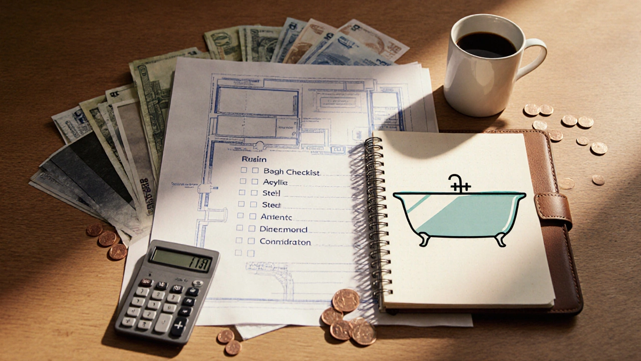 Flat‑lay of budgeting items and material samples next to a bathtub silhouette.