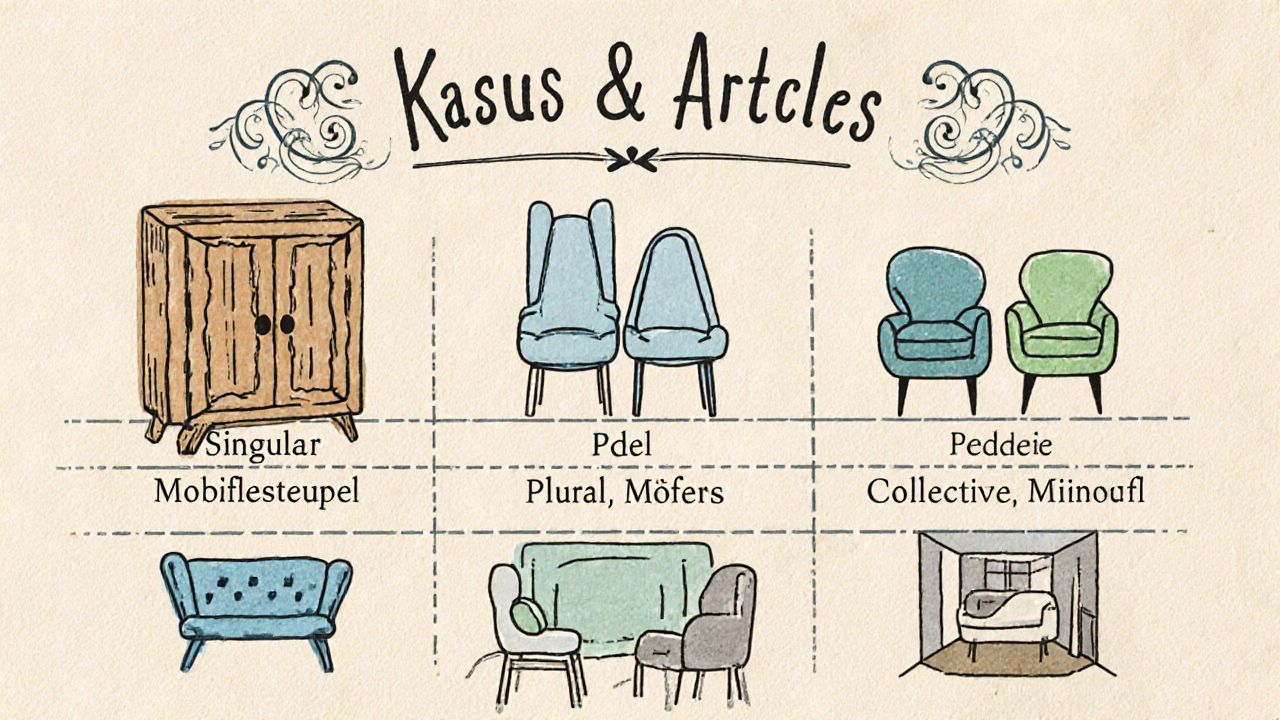 Illustration einer Tabelle, die „Möbelstück“ und „Möbel“ mit passenden Icons und deutschen Artikeln vergleicht.