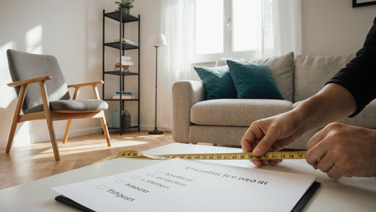 Wohnzimmerszene mit Maßband, verschiedenen Möbelstücken und einer Checkliste für den Möbelkauf.