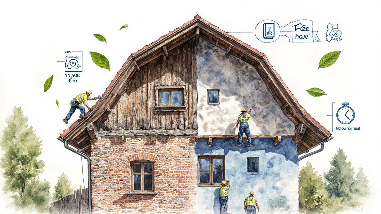 Altbau zur Renovierung, Hälfte original, Hälfte modernisiert, Arbeiter und Förderungs‑Symbole.