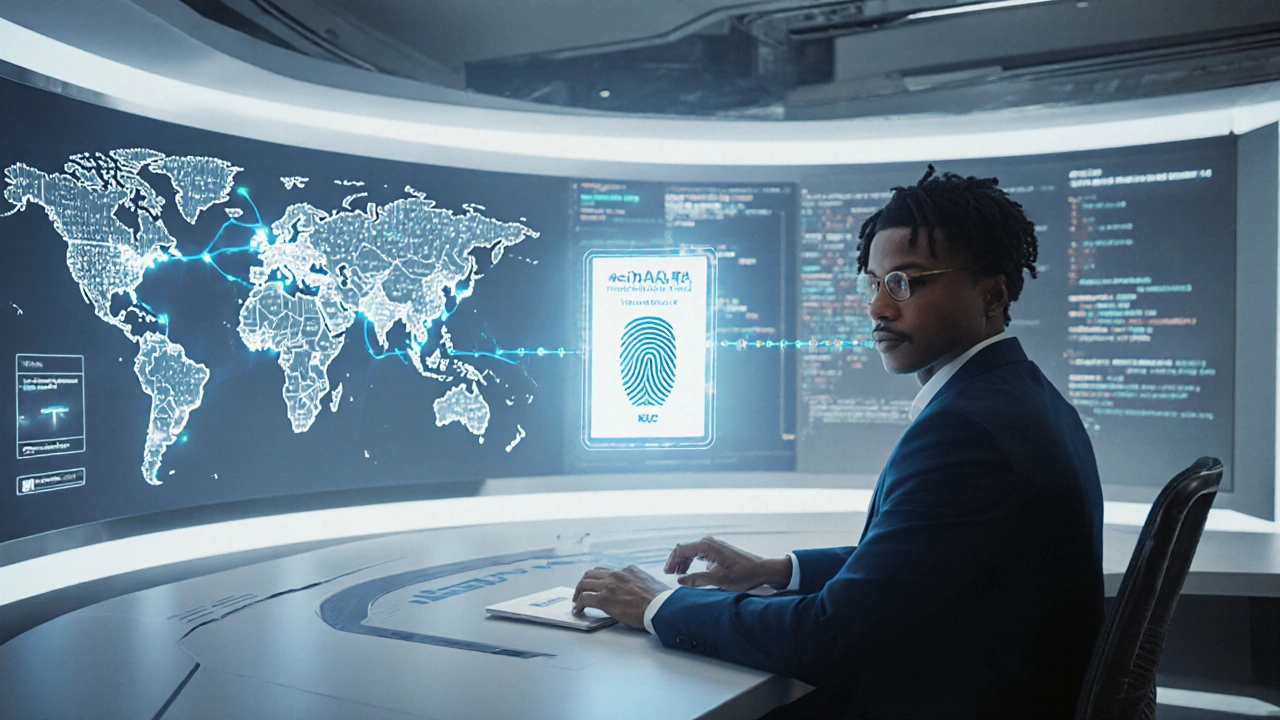 Analyst in einem Kontrollraum, umgeben von holografischen Blockchain‑ und KYC‑Displays.