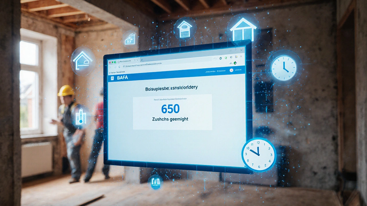 Digitaler BAFA-Antragsbildschirm mit genehmigtem Zuschuss und Sanierungs-Icons in der Luft schwebend.