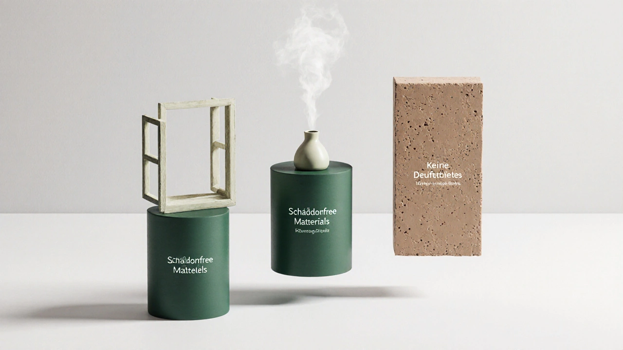 Drei symbolische Säulen für gesunde Luft: Stoßlüften, schadstofffreie Materialien und Verzicht auf Duftstoffe, in natürlichen Farben und Formen.