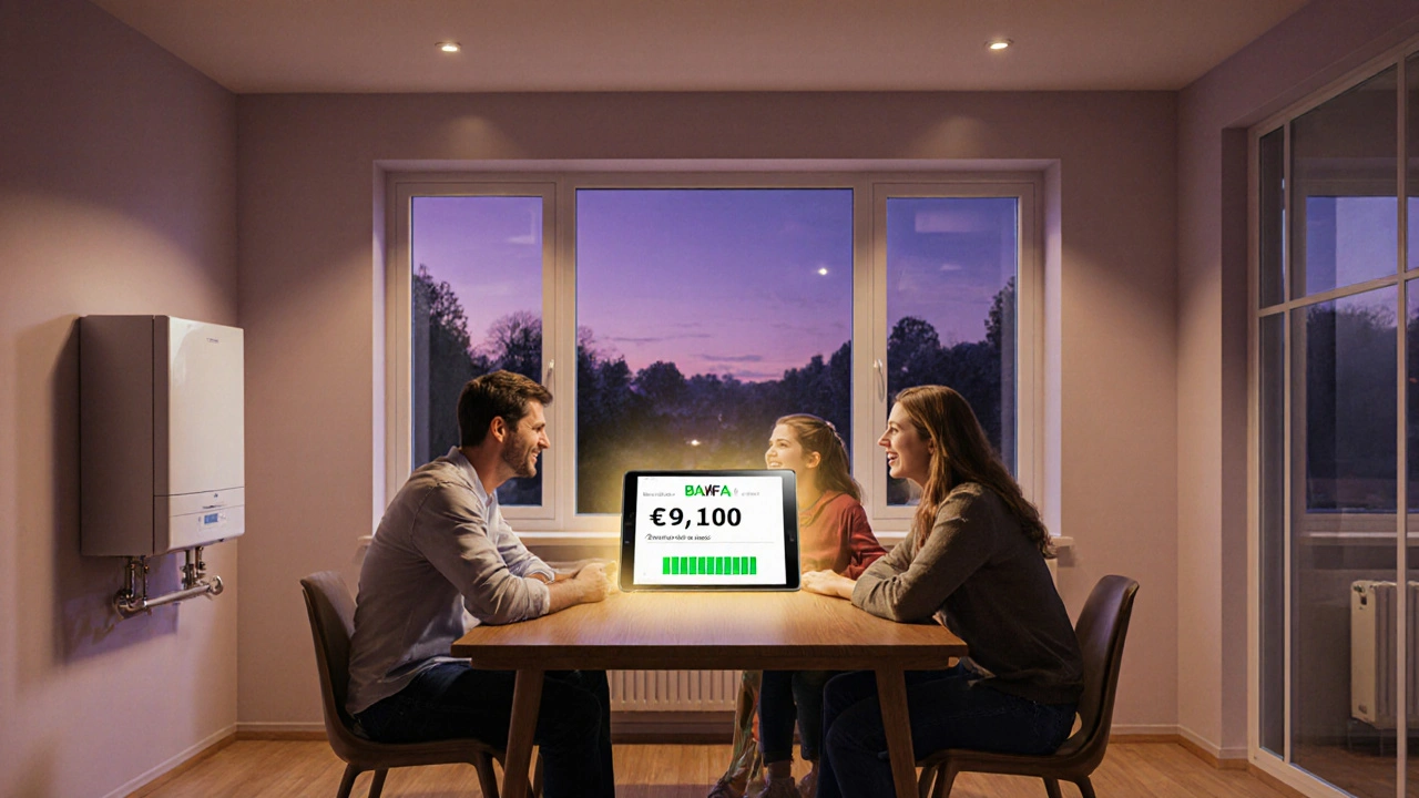 Familie im modernisierten Haus, glücklich über erhaltene BAFA‑Förderung.