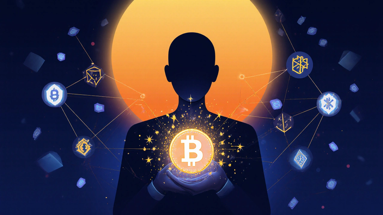 Figur hält digitale ID, umgeben von Zero‑Knowledge‑Proof‑Symbolen und Blockchain‑Fragmenten.