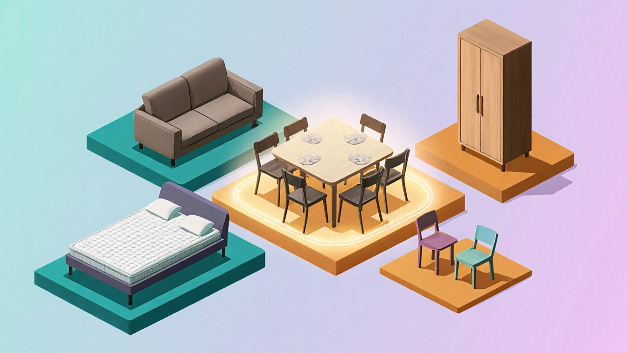 Fünf Möbelstücke – Sofa, Esstisch, Bett, Schrank, Kindermöbel – zeigen steigende Margen durch farbige Böden.
