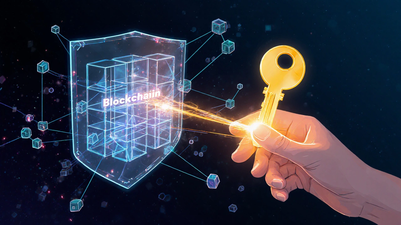 Hand mit Schlüssel sendet leuchtende Transaktion durch dezentrales Netzwerk zu Blockchain.