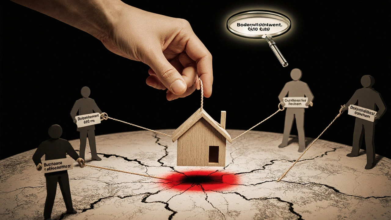 Händen legen ein Haus auf ein Grundstück, während unsichtbare Kräfte es nach unten ziehen – Symbol für verborgene Kosten.