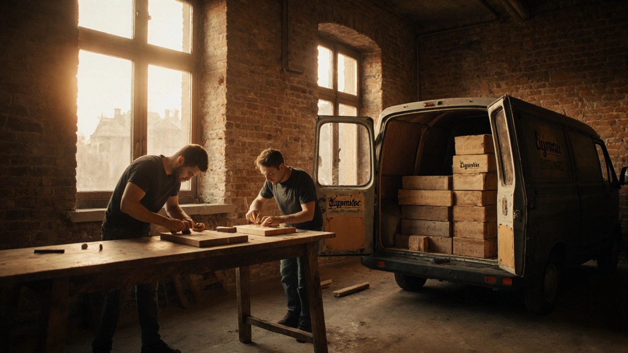 Handwerker bauen Eigenmarken‑Möbel im Loft, fertige Pakete warten neben Lieferwagen.