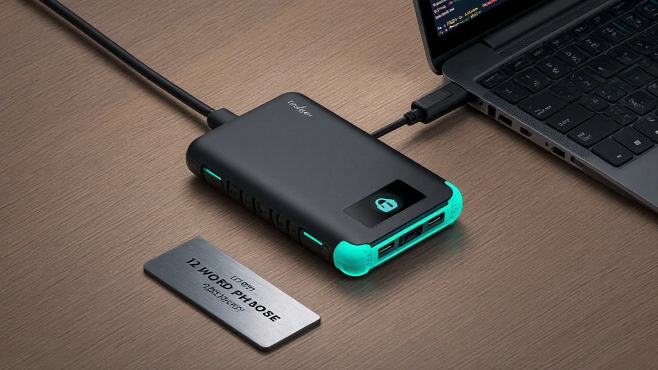 Hardware‑Wallet neben Metall‑Seed‑Phrase und Laptop‑USB‑Verbindung.