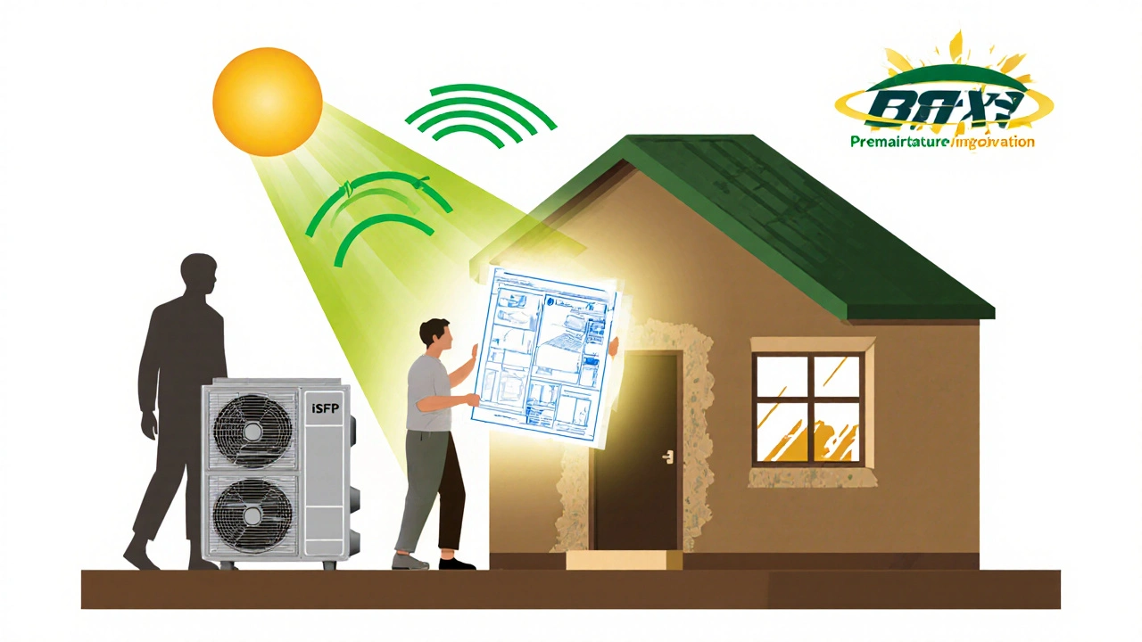 Hausbesitzer hält einen leuchtenden Sanierungsplan, während energieeffiziente Maßnahmen um ihn herum aktiviert werden.
