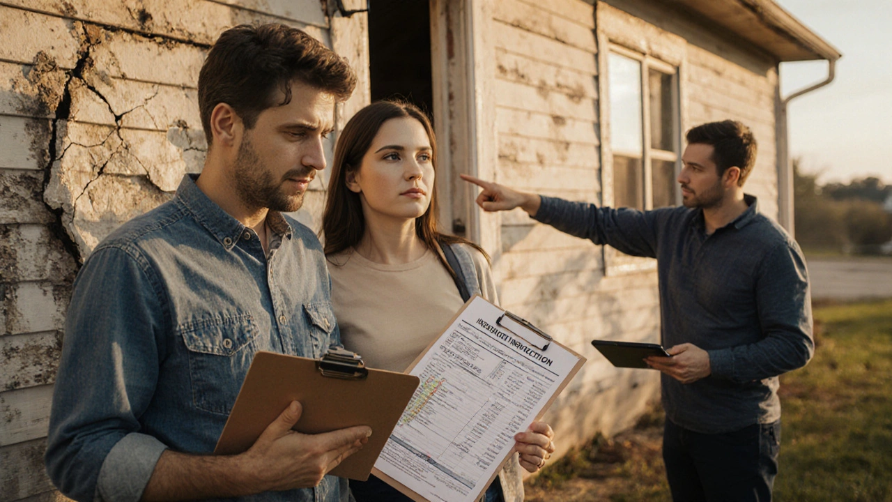 Hausbesitzer und Gutachter prüfen ein altes Haus, Kostenplan auf Tablet im Hintergrund.