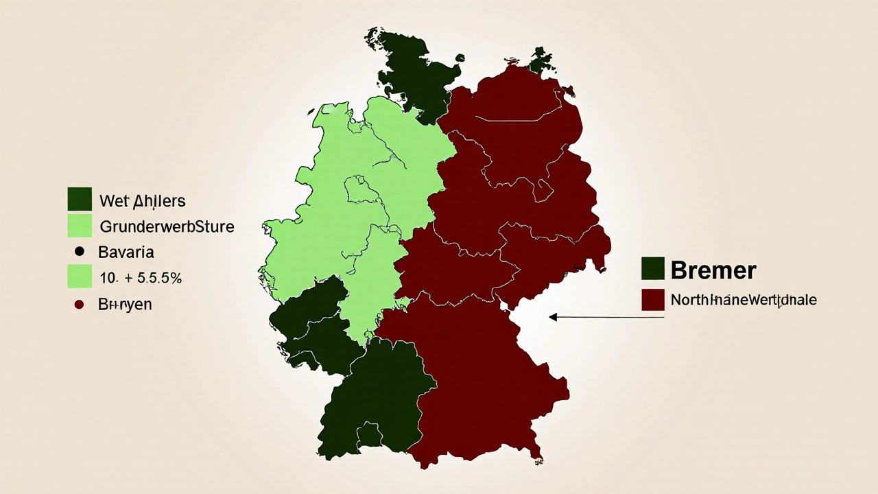 Karte Deutschlands mit farblich unterschiedlichen Grunderwerbsteuersätzen für 2025