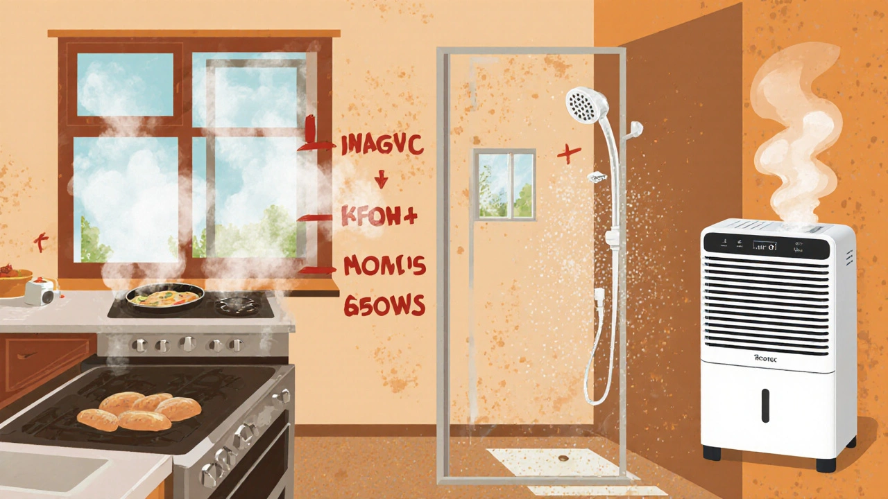 Küche und Badezimmer mit sofortigem Stoßlüften nach Kochen und Duschen, kein Kippen, kein Schimmel, ein Luftentfeuchter im Badezimmer.