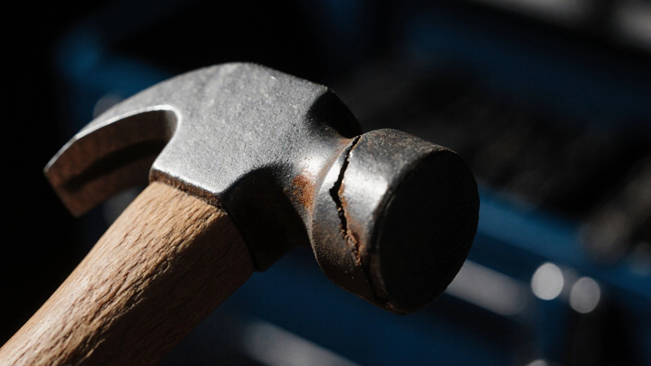 Nahaufnahme eines Hammerkopfes mit Rost, Delle und Griffriss.