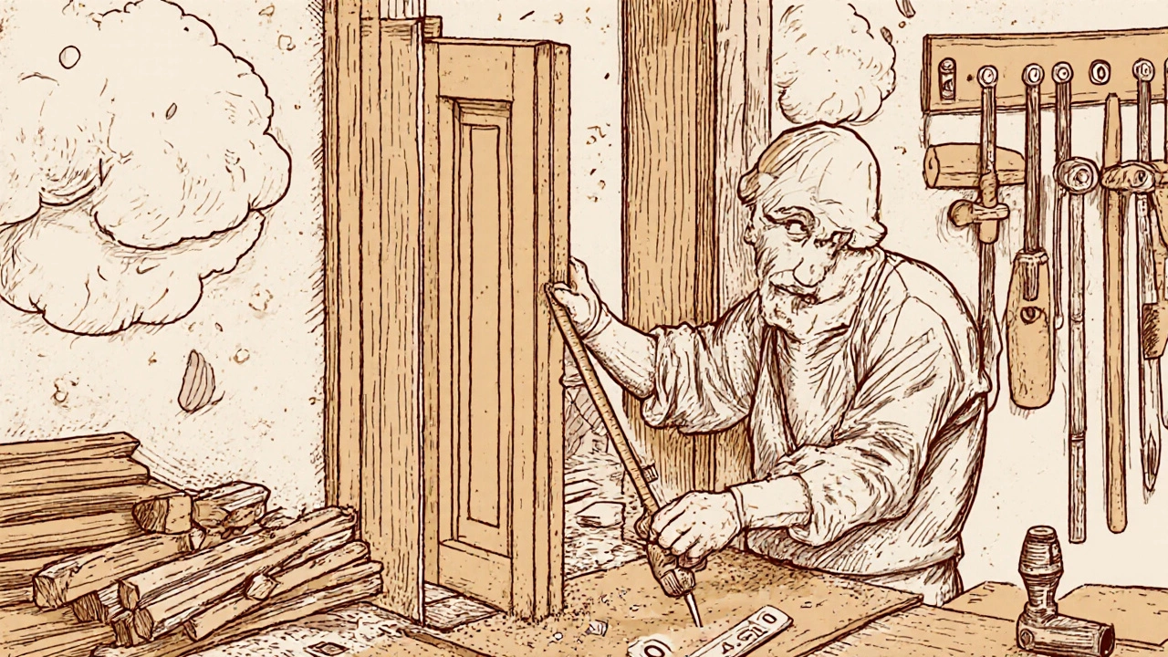 Schreiner misst und montiert ein Holztürblatt im Werkstattstil, umgeben von Werkzeug und Sägemehl.