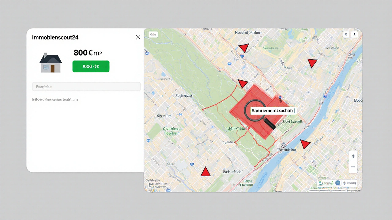 Vergleich zwischen vereinfachtem Immobilienportal und detaillierter amtlicher Karte mit Zonen- und Erschließungsinformationen.