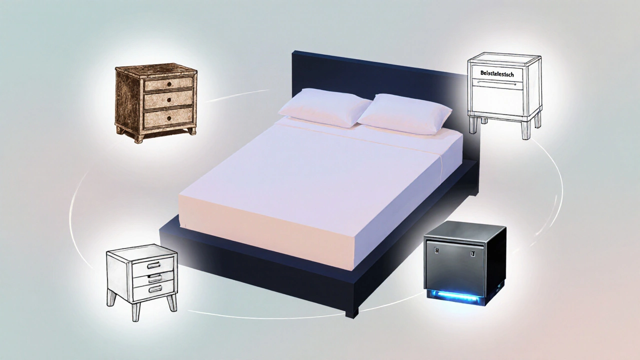 Verschiedene Stilvarianten eines Nachttisches rund um ein Bett, dargestellt in unterschiedlichen Kunststilen.
