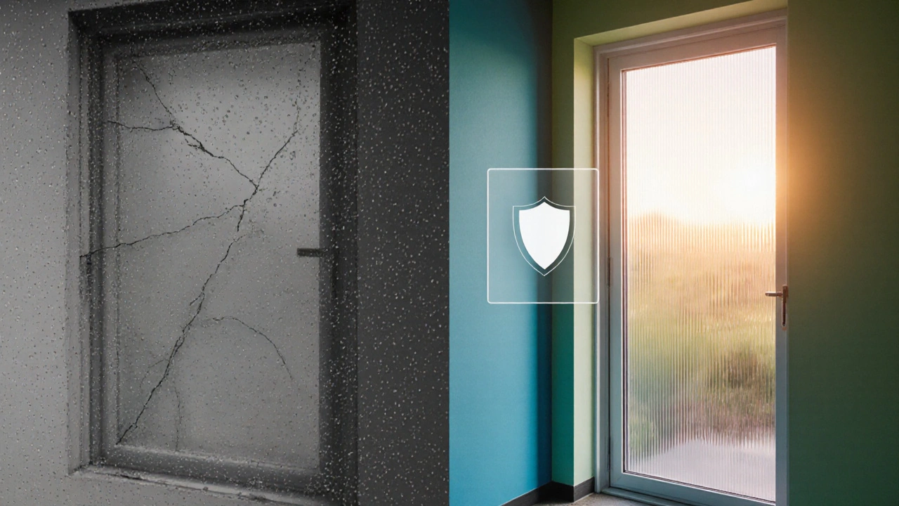 Vorher‑Nachher‑Bild einer Glastür mit Sicherheitsglas, isoliertem Rahmen und Schalldämmung.