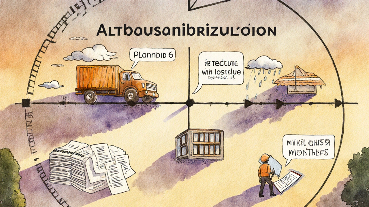 Zeitline eines Sanierungsprojekts mit Verzögerungen durch Wetter, Lieferengpässe und Behörden, warmes Abendlicht.