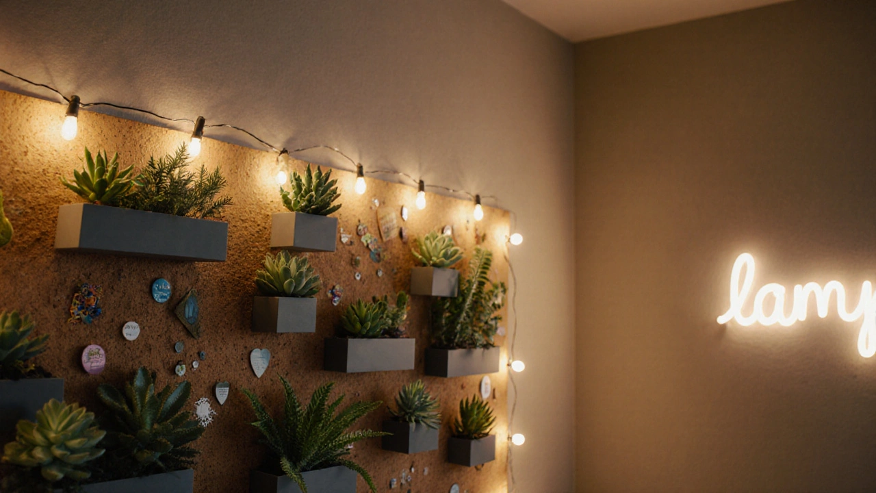 Zimmer mit Pflanzenwand, Korktafel, Lichterkette und Neon‑Licht.