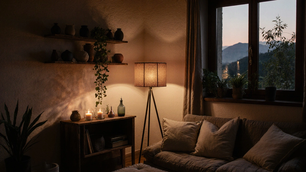 Abendliche Stimmung im Boho-Zimmer: Kerzenlicht, Pflanzen und handgefertigte Lampen in sanftem Gold.