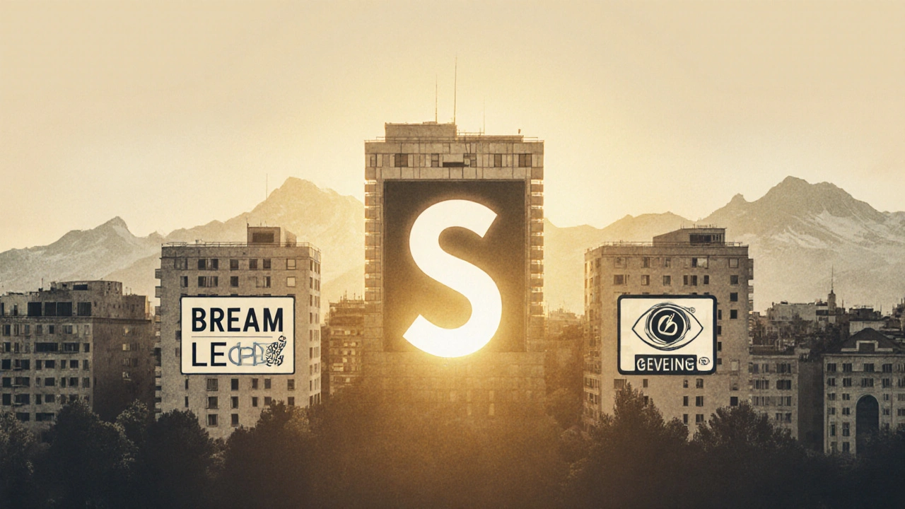 Altmodische Stadtansicht mit drei Zertifizierungszeichen, während ein neues europäisches Symbol im Zentrum aufsteigt.