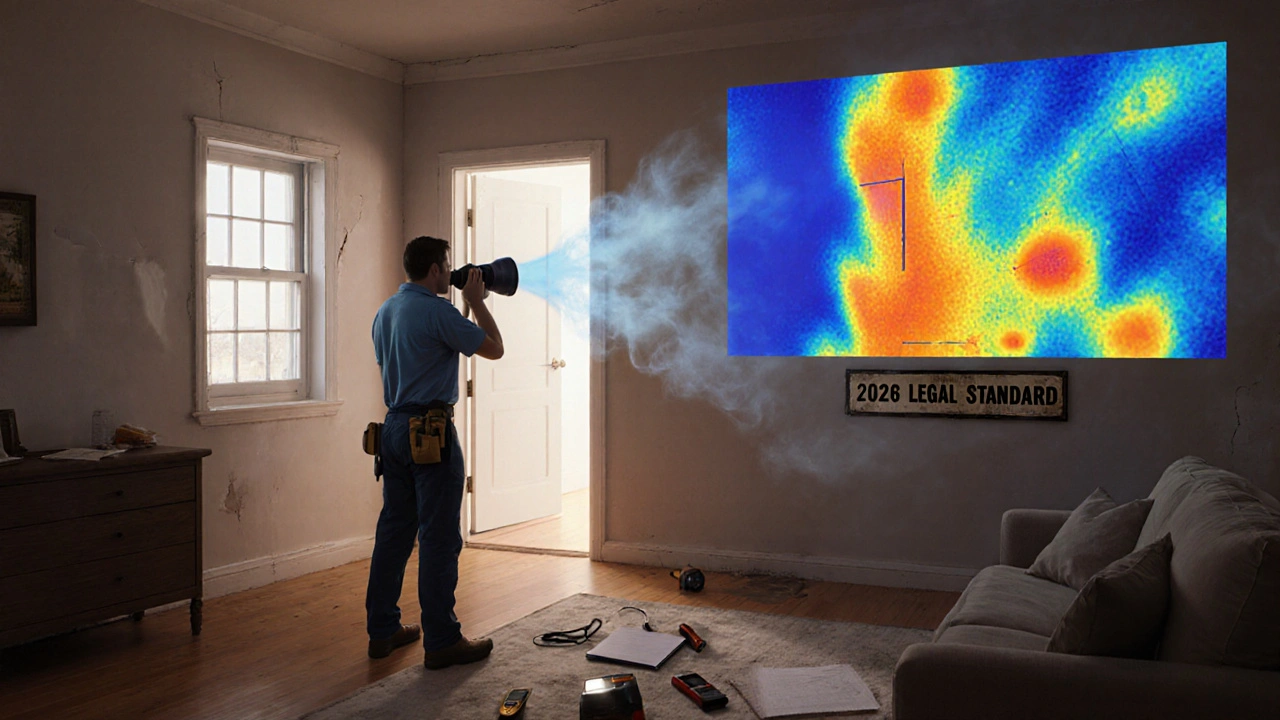 Bausachverständiger führt Blower-Door-Test durch, Luftströme zeigen Undichtigkeiten an Wänden und Fenstern.