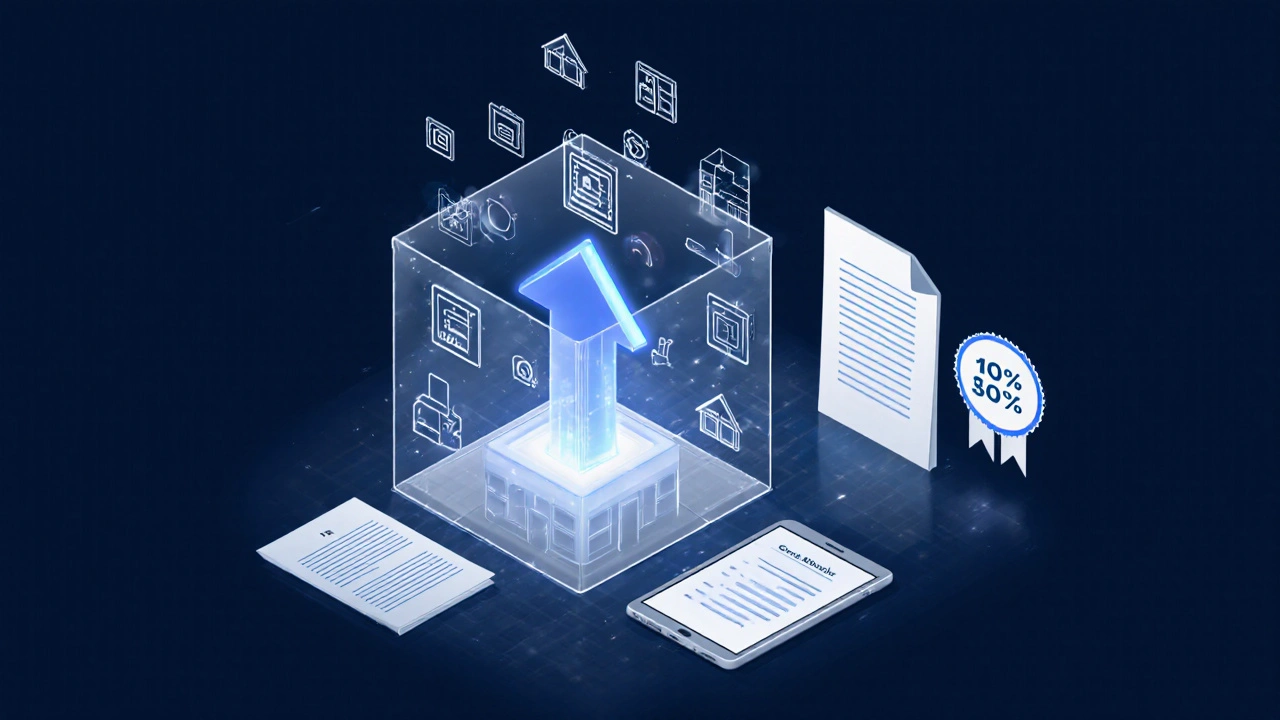 Digitale Darstellung der Grundbuch-Eintragung mit reduziertem Papieraufwand und 10%-Rabatt-Symbol.