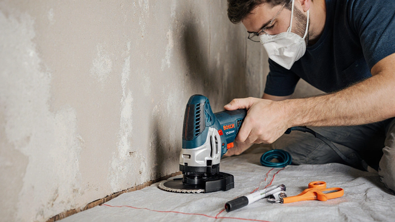 DIY-Enthusiast fräst eine Kabelnut in eine Wand mit Diamantscheibe, Sicherheitsausrüstung getragen.