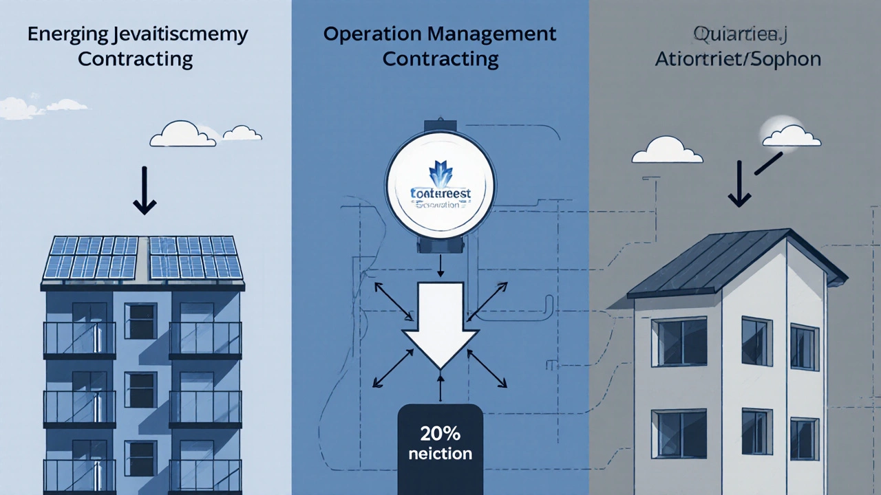 Drei grafische Modelle des Energie-Contracting: Energielieferung, Betriebsführung und Einsparung, klar strukturiert und technisch dargestellt.