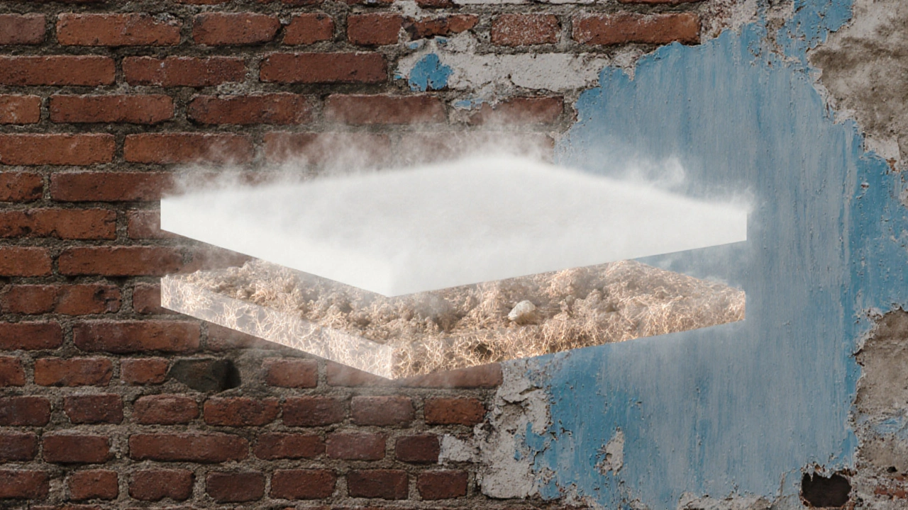Drei natürliche Baustoffe — Kalk, Silikat, Lehm — verschmelzen mit einer historischen Mauer.