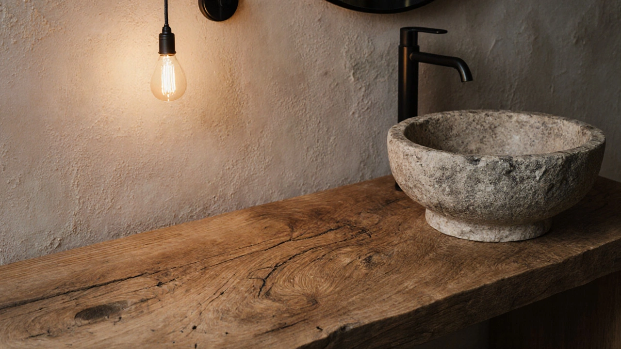 Echtes Eichenholz-Waschbecken mit Steinplatte und Kalkputzwand in natürlicher Textur