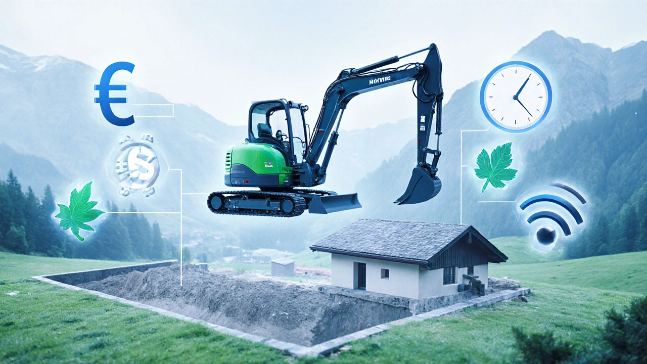 Ein elektrischer Minibagger schwebt über einem Hausfundament, umgeben von Symbolen für Kostenersparnis und Nachhaltigkeit.