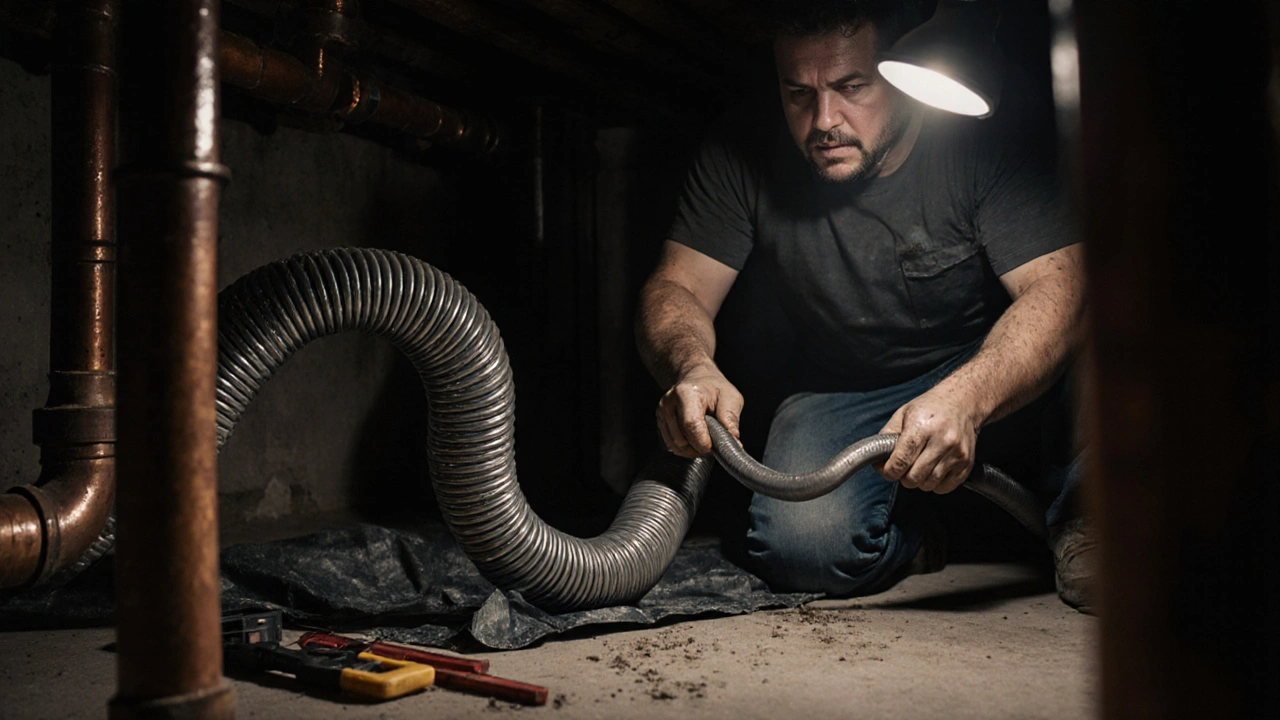 Ein Fachmann benutzt eine Rohrreinigungsspirale, um eine Verstopfung in einem Rohr zu beseitigen.