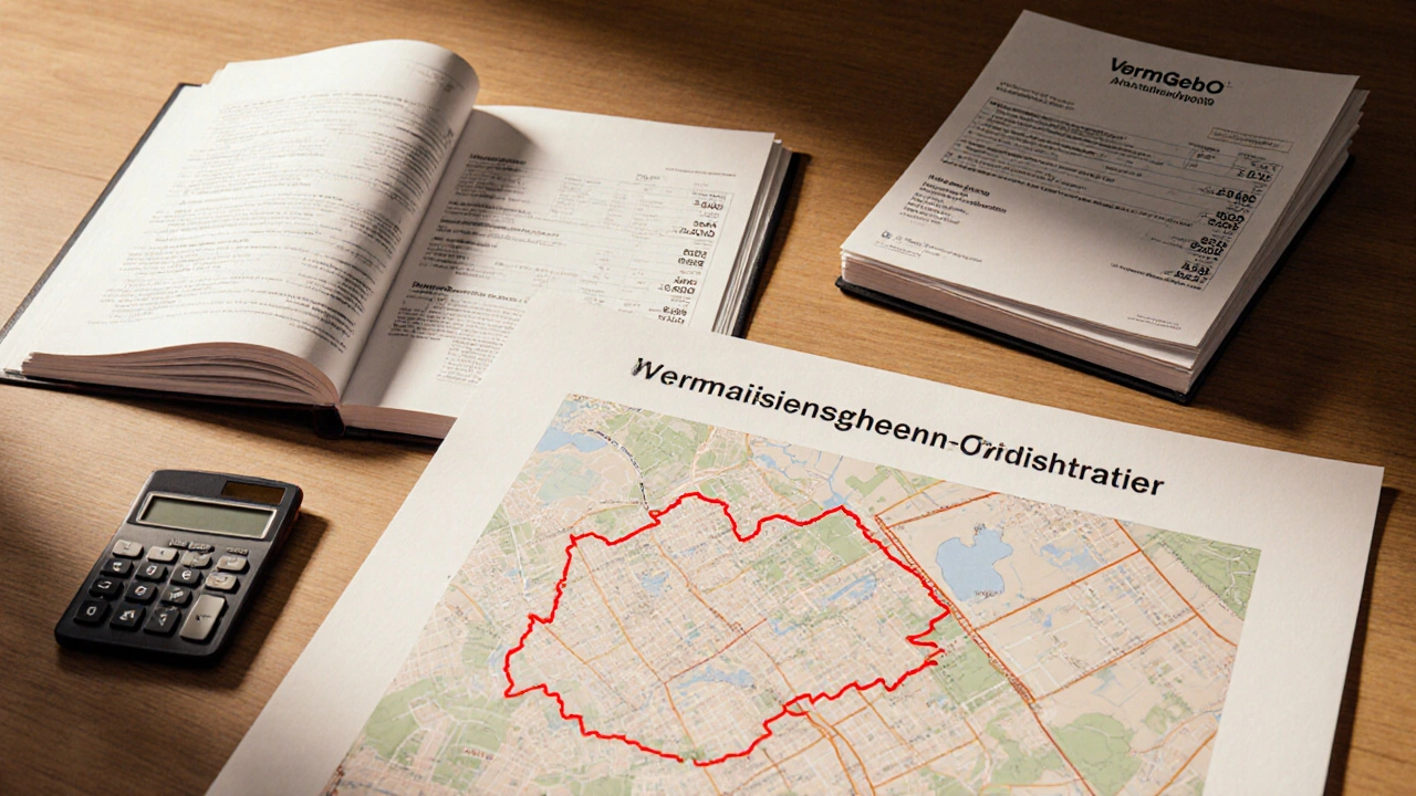 Ein Grundstücksplan mit Kostenübersicht und Gesetzesbuch auf einem Holztisch, symbolisiert Vermessungskosten.