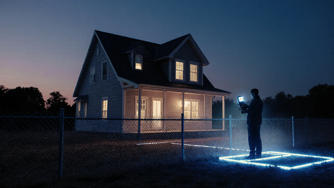 Ein Haus wird gebaut, während unsichtbare Grenzen überschritten werden — ein Vermesser markiert die korrekten Linien.