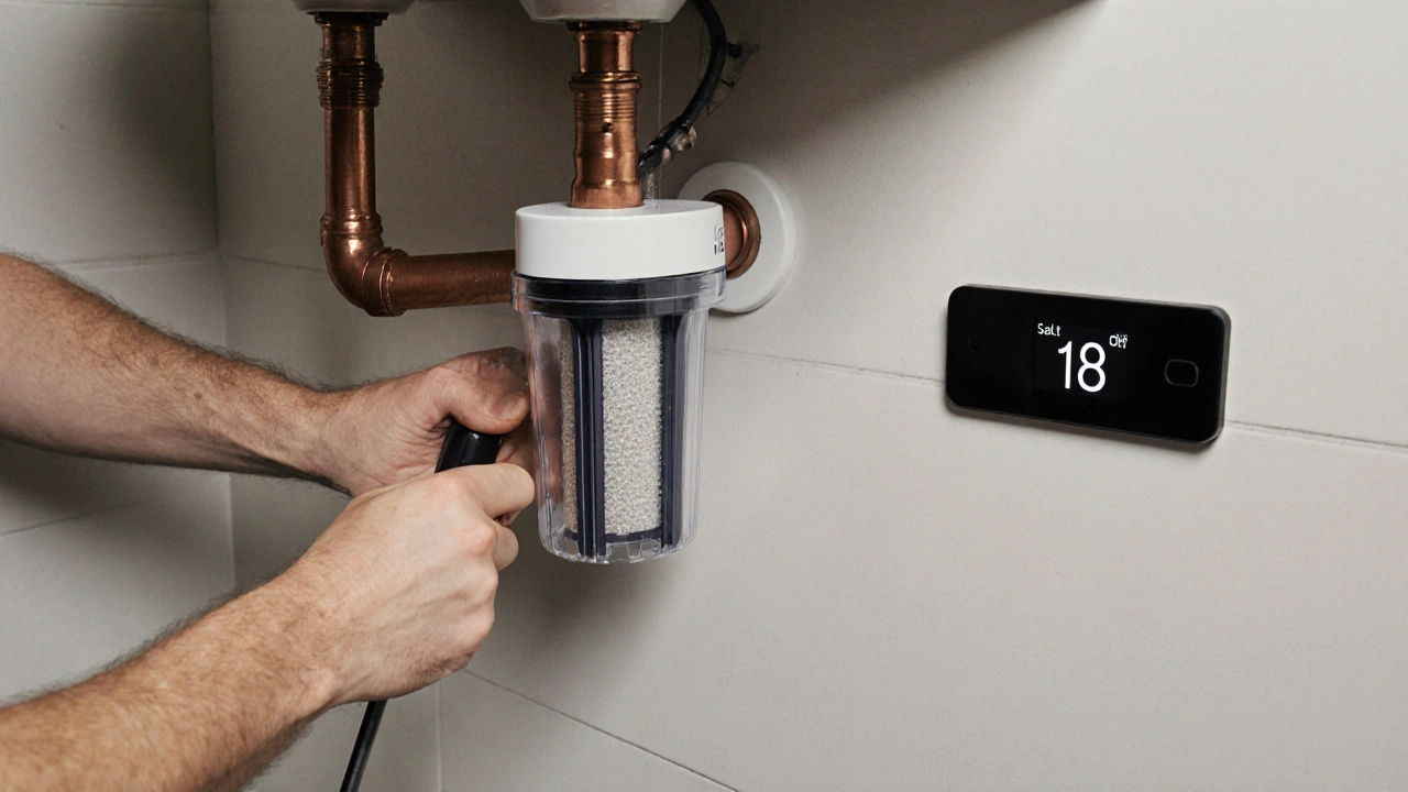 Ein Haushalt installiert das Evodrop-Enthärtungssystem einfach unter der Spüle mit Schraubendreher.