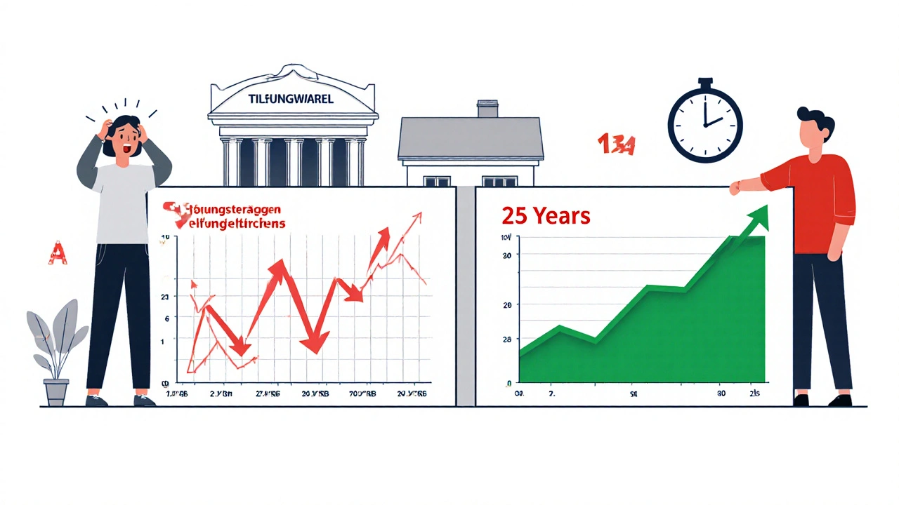 Ein vergleichendes Diagramm zeigt einen scheiternden Anlageplan links und eine sichere Tilgung rechts, begleitet von einem Haus und einer Uhr.