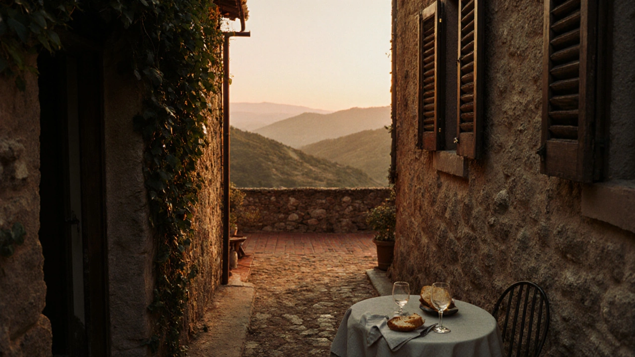 Eine alte steinerne Villa in der Toskana bei Sonnenuntergang mit einem Weinglas und einem Tuch auf der Terrasse, umgeben von Weinreben und warmen Steinfarben.
