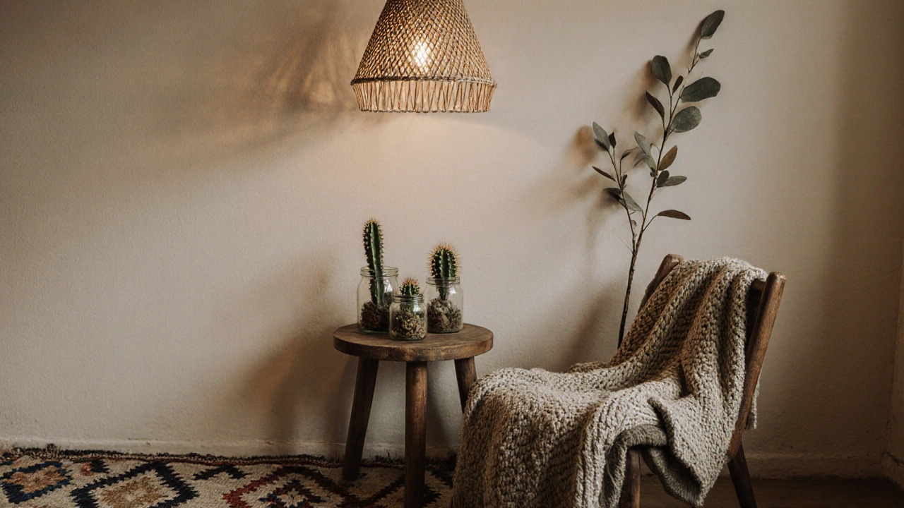 Eine nachhaltige Ecke mit recycelten Möbeln, Keramik und einem handgewebten Teppich in warmen Erdtönen.