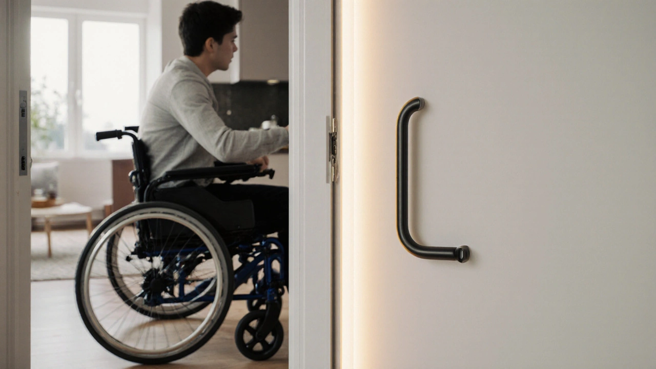 Eine Person mit Elektrorollstuhl passiert eine breite Tür, während eine engere Tür blockiert ist.