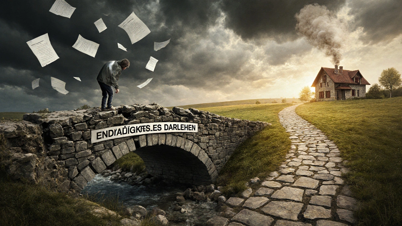 Eine zerbrechende Brücke aus Schulden führt in die Unsicherheit, während ein fester Pfad zu einem sicheren Zuhause führt, golden erhellt.