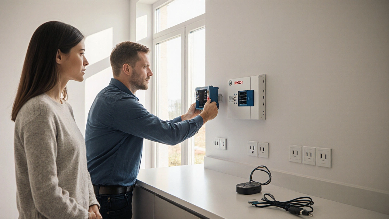 Elektriker installiert eine E-Auto-Wallbox in einer modernisierten Küche mit unsichtbaren Kabeln in der Wand.