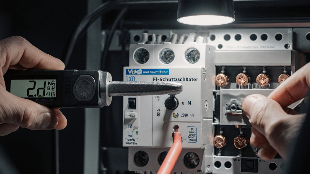 Elektriker prüft mit Drehmomentschlüssel die Anschlüsse eines FI-Schutzschalters.