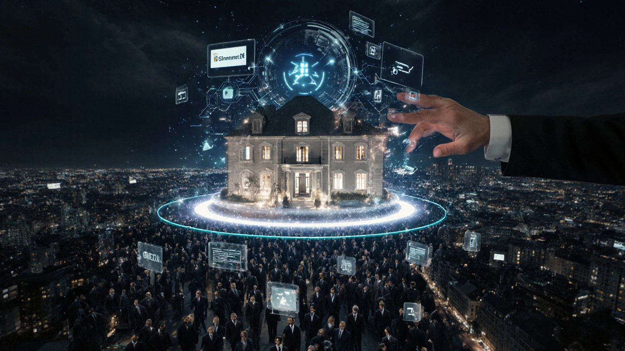 Exklusive Luxusimmobilie mit professionellen Investoren, umgeben von chaotischen Online-Marktplätzen.