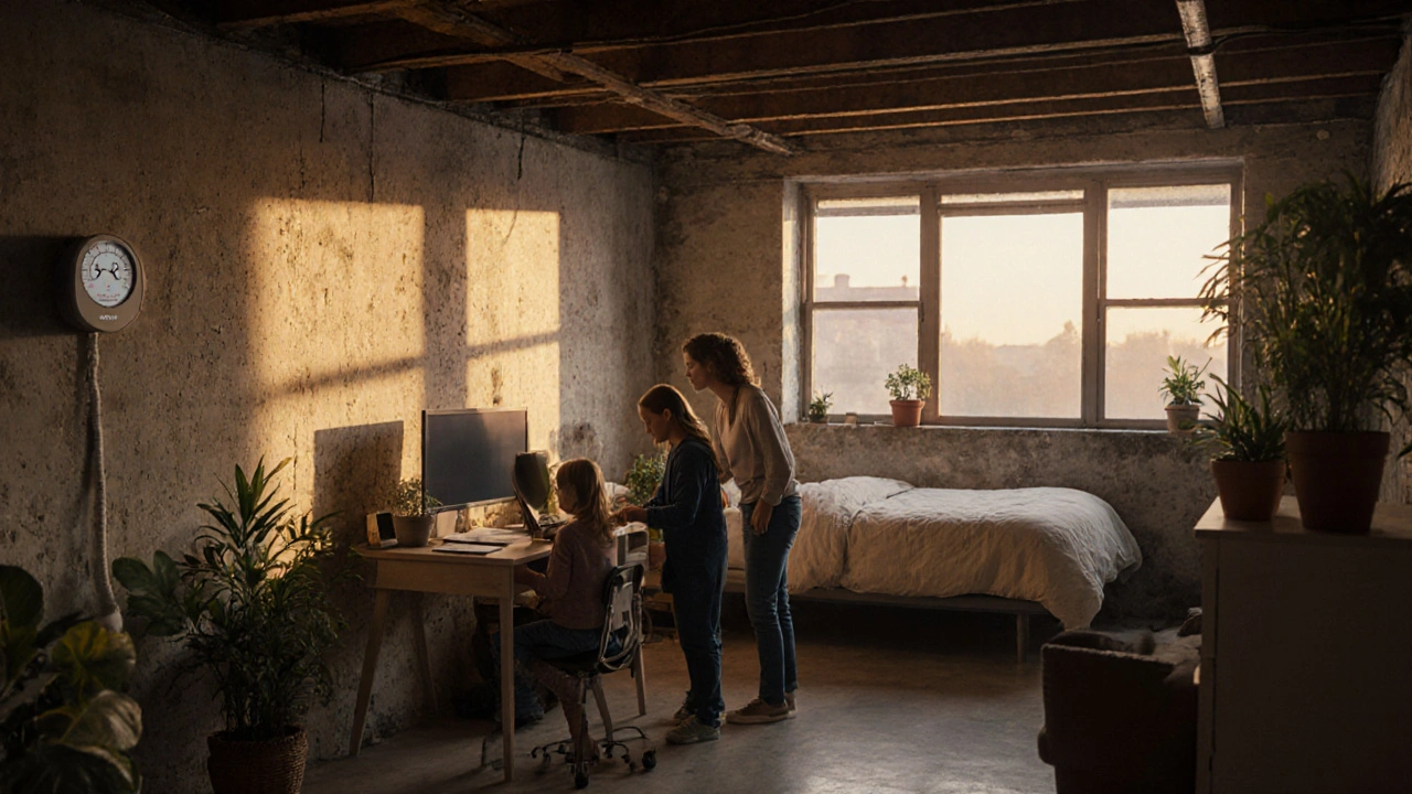 Familie in einem trockenen, schimmelfreien Kellergeschoss mit Feuchtigkeitsmesser, der 52% anzeigt, bei abendlichem Licht.