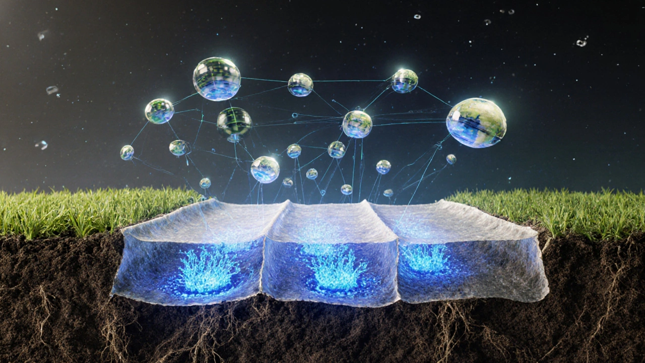 Futuristisches Smart-Soil-System mit biolumineszenten Mikroben und IoT-Sensoren.
