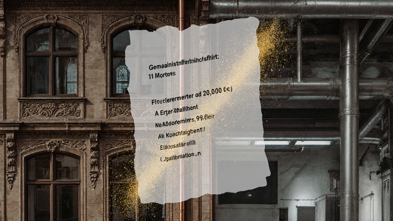 Halb restauriertes Denkmal: historische Fassade trifft moderne Innenarchitektur mit rechtlichen Hinweisen.