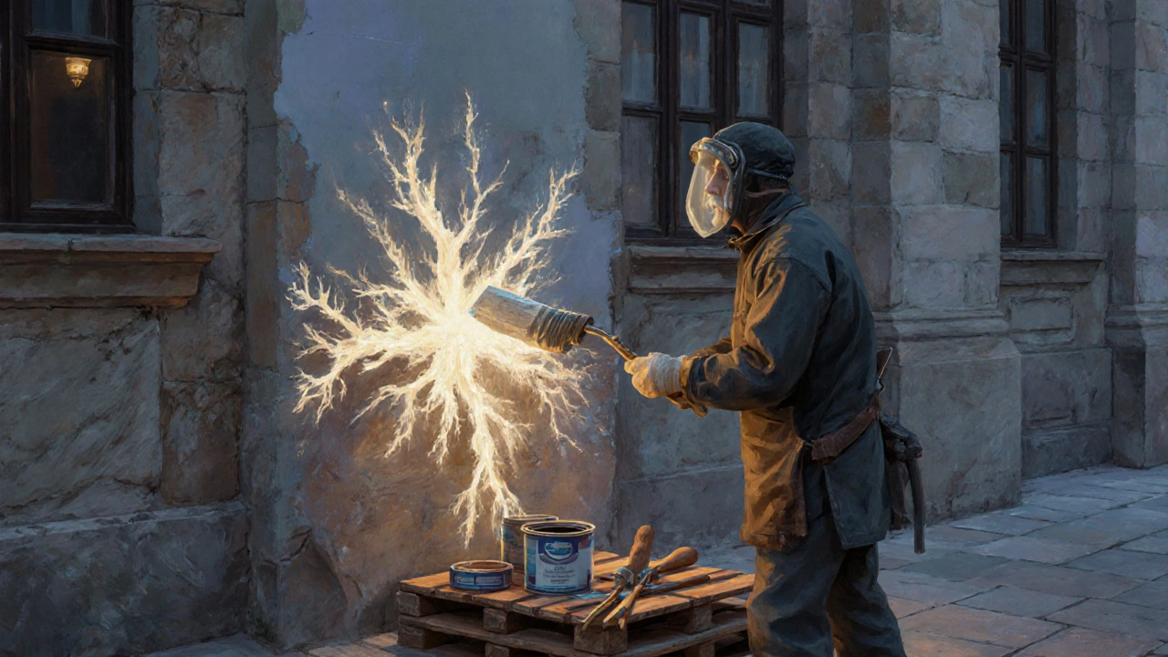 Handwerker trägt Silikatfarbe auf eine steinerne Fassade auf, chemische Bindung sichtbar.